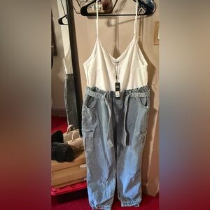 White Top with Jeans Jumpsuit
